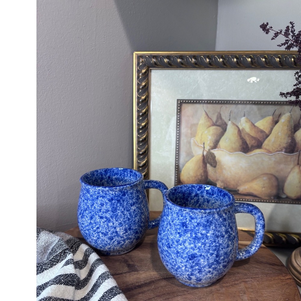 Vintage Blue White Spongeware Ceramic Coffee Mugs Set of 2 Speckled Pottery